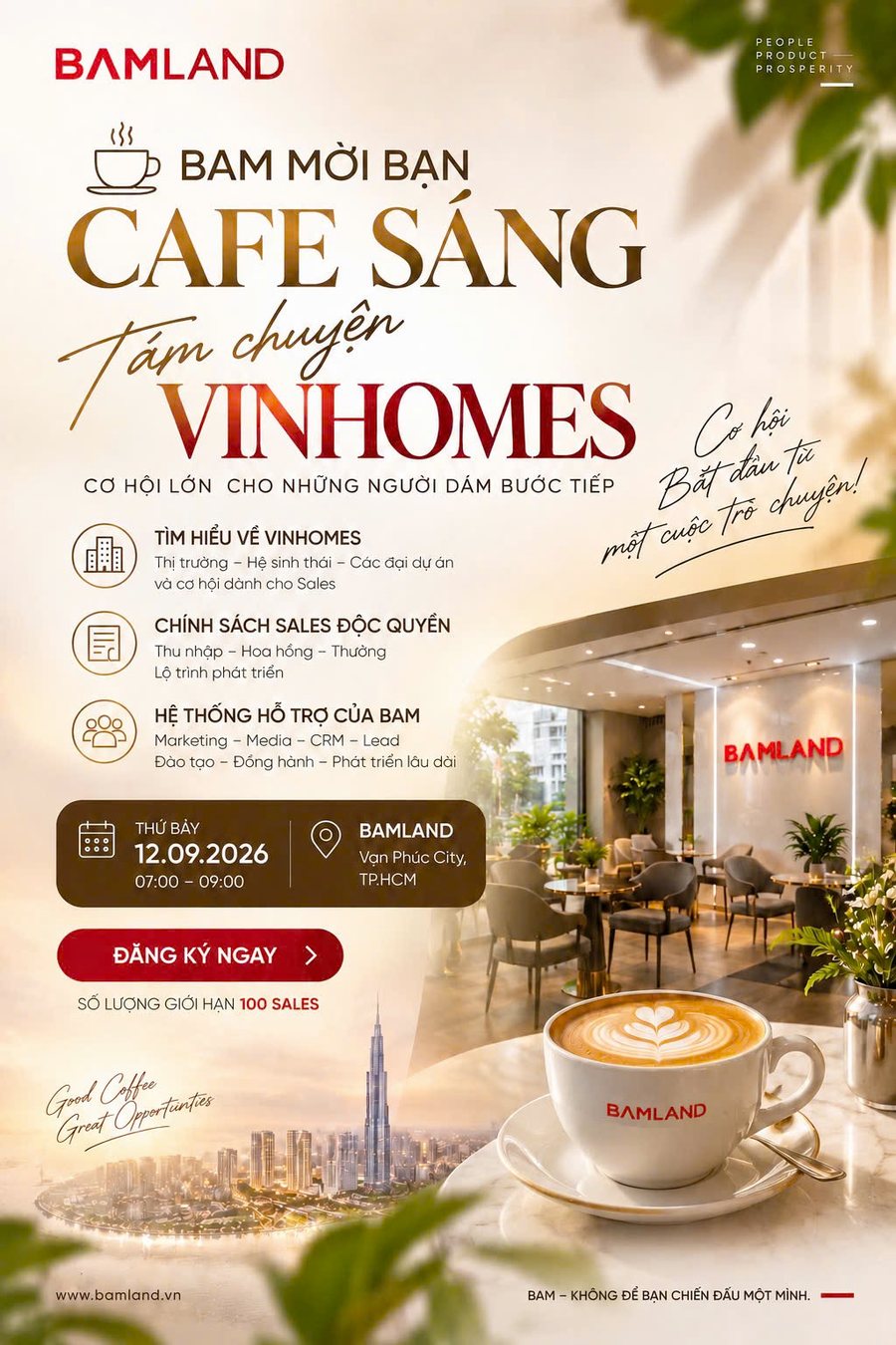 Thư mời cafe sáng tám chuyện Vinhomes của BAM LAND, thứ Bảy 12.09.2026